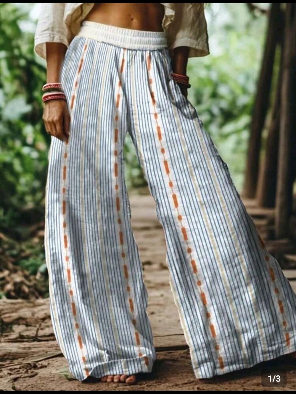 SHEIN White Wide-Leg Striped Pants with Blue & Orange Detailing 3xl